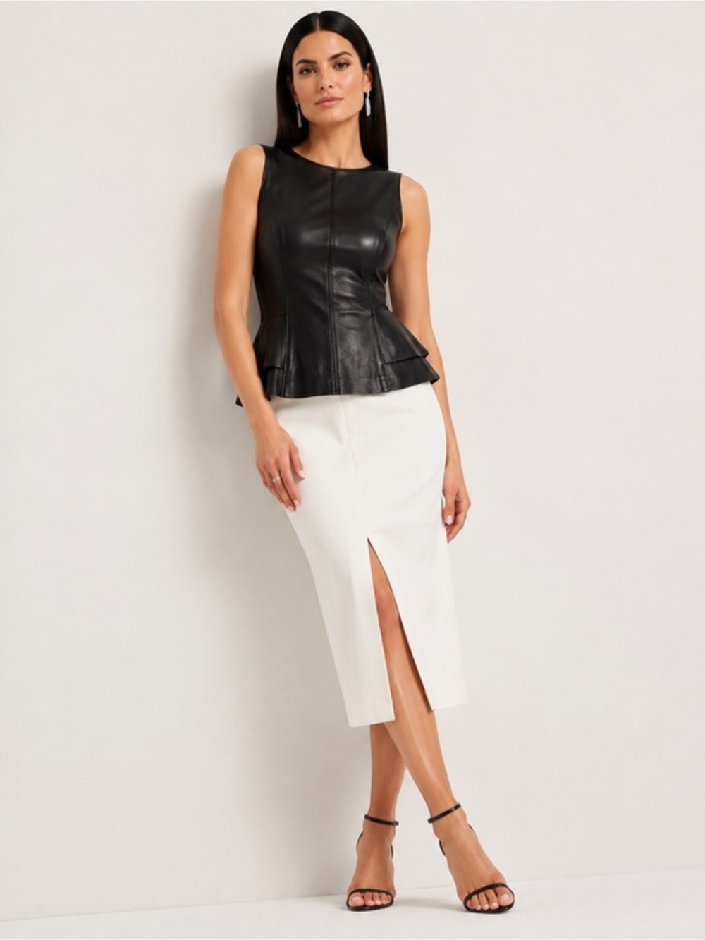 White House Black Market 100% Leather Black Peplum Top with Back Zipper Sz 0